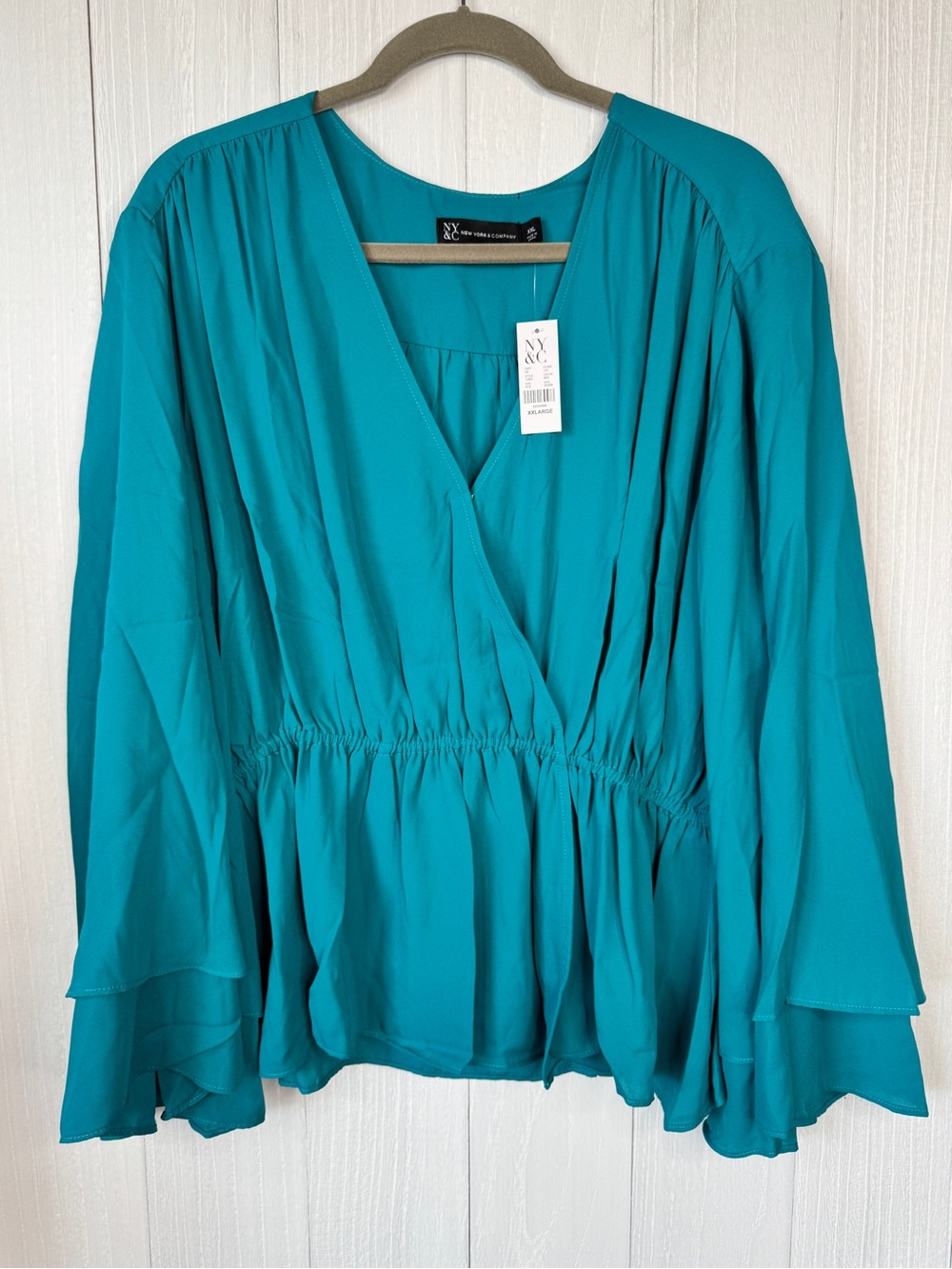 NY&C Teal Blue Long Sleeve Peplum Top V-Neck Bell Sleeve Blouse NWT XXL
